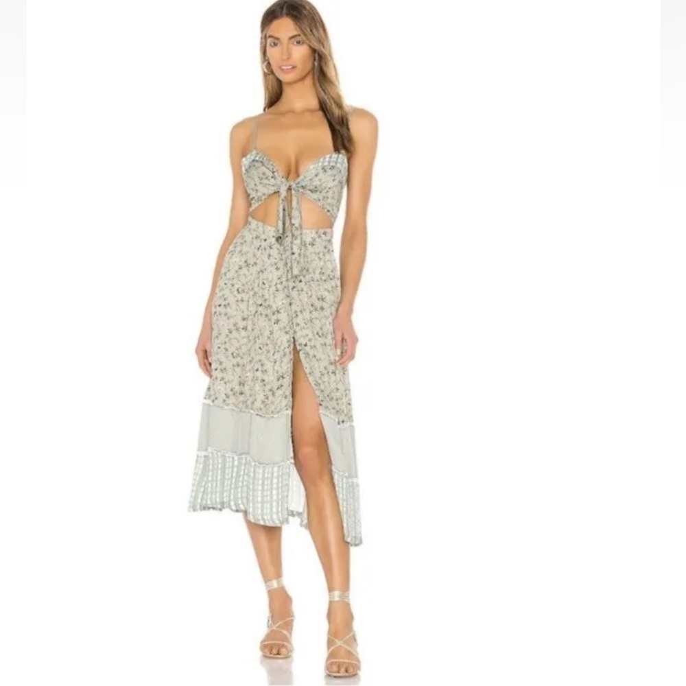 Agua Bendita Karen Midi Long Dress Seagreen Geen Floral Button Front Slit S